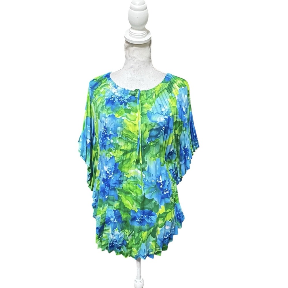 Vintage Sun‎ Fashions Of Hawaii Green Blue Pleated Poncho Shawl Cape One Size
